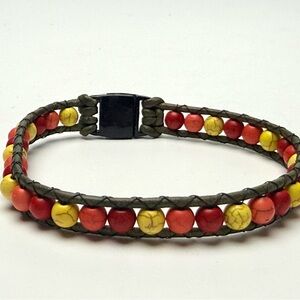 Men’s Leather Beaded Bracelet 9.5” Red Yellow Stone Beads Boho Style